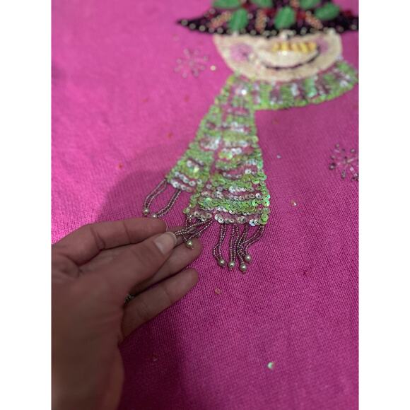 Quacker Factory pink V-neck Christmas sweater beaded and sequined snowman - Picture 7 of 10